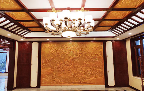 铜陵中式别墅客厅中式木作横梁吊顶装饰展示